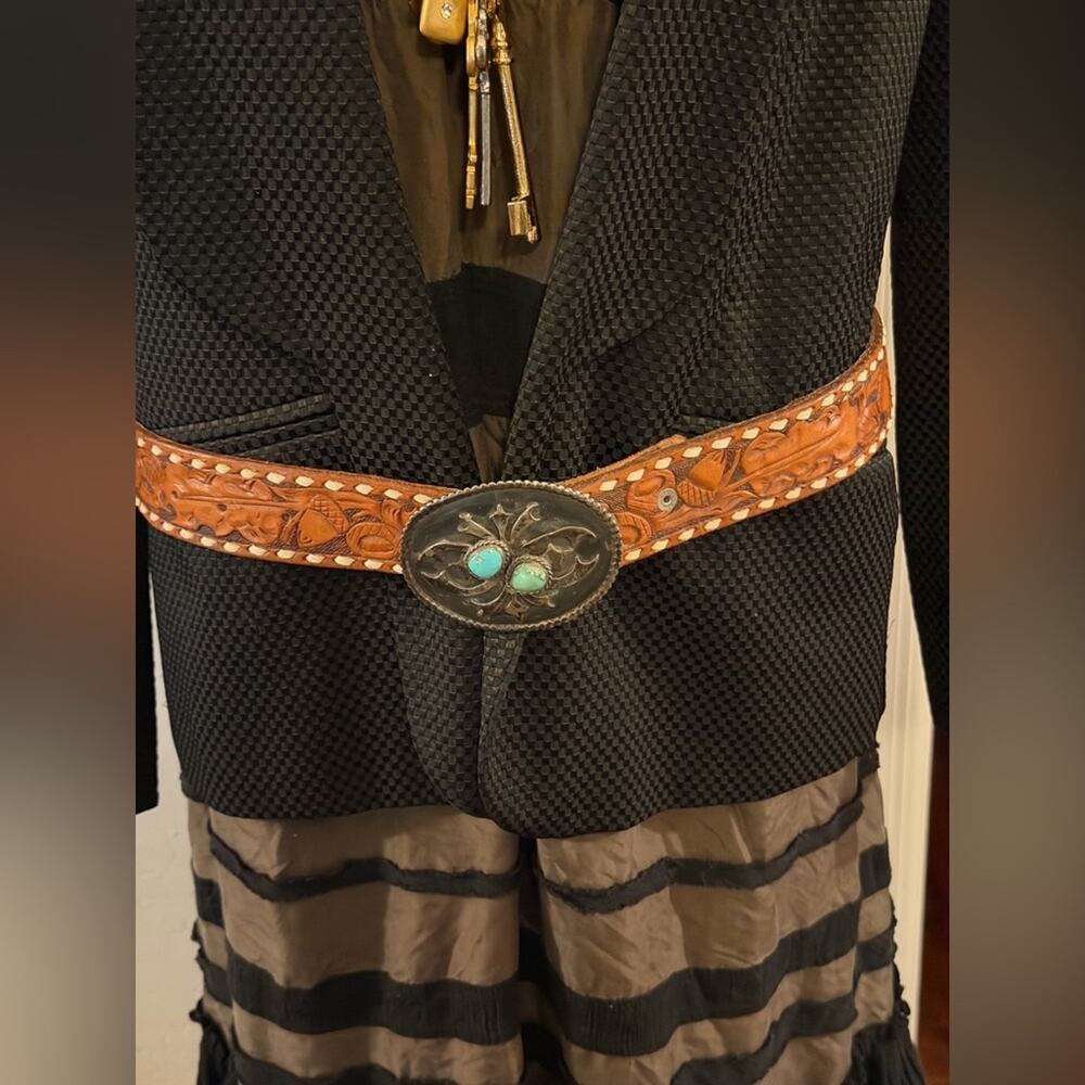 Navajo handmade silver with turquoise belt buckle and embossed leather belt